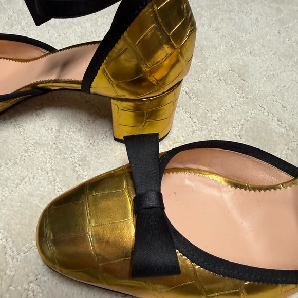 J.Crew Millie Bow Ankle-Strap Heels in gold metallic croc-embossed leather. - Picture 6 of 6